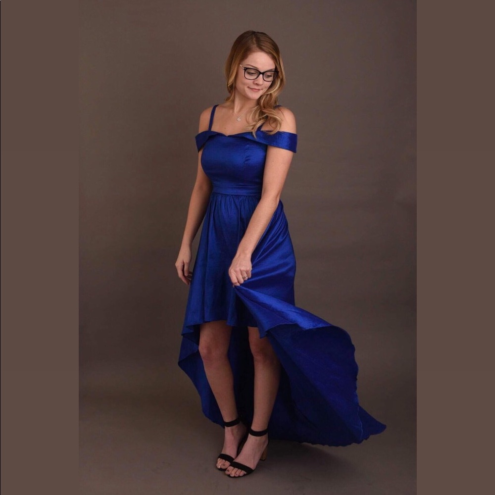 Stunning Blue Off Shoulder High Low Prom Dress!